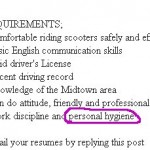 personal hygiene job requirements